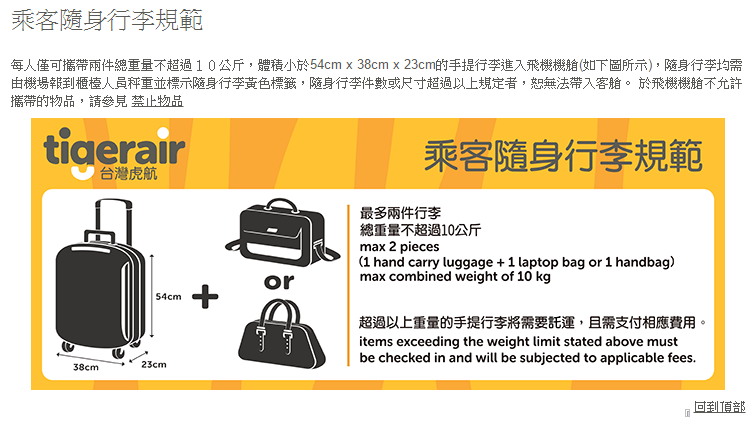 台灣虎航-隨身手提行李規定